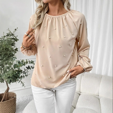 Women Elegant Artificial Pearl Beaded Long Sleeve Blouse Round Neck Pleated Lantern Sleeve Apricot Satin Finish Polyester Top Shirt