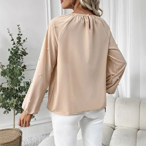Women Elegant Artificial Pearl Beaded Long Sleeve Blouse Round Neck Pleated Lantern Sleeve Apricot Satin Finish Polyester Top Shirt