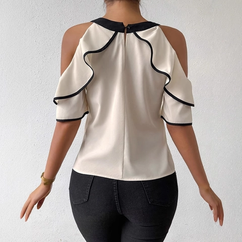 Damen Schulterfreie Bluse Halterneck Schleife Kontrastpaspel Rüschenärmel Elegantes Chiffon Hemd Sommer Top Party Bluse