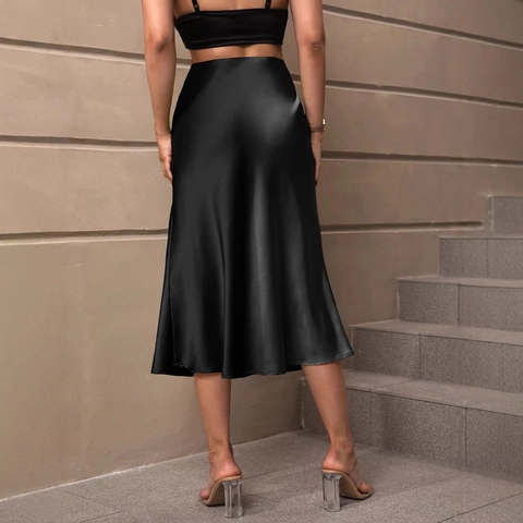 Women Elegant High Waist Satin Midi Skirt A-Line Solid Color Simulated Silk Skirt For Summer Office Daily Party Wear
