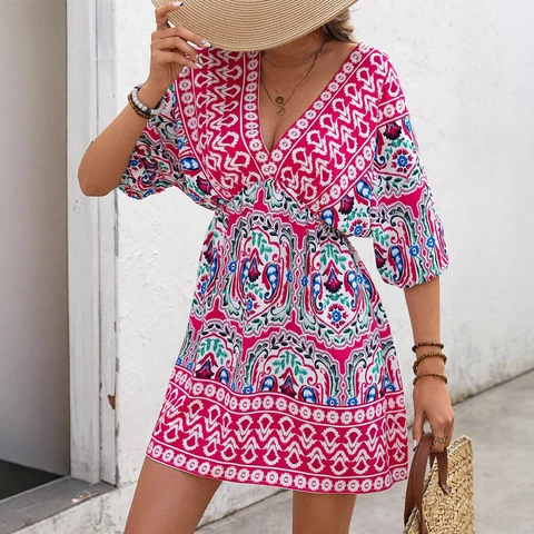 Damen Boho Kleid Mit V-Ausschnitt Paisley Print Sommer Strand Urlaub Casual Halber Ärmel A-Linie Kurz Kleid Für Frauen
