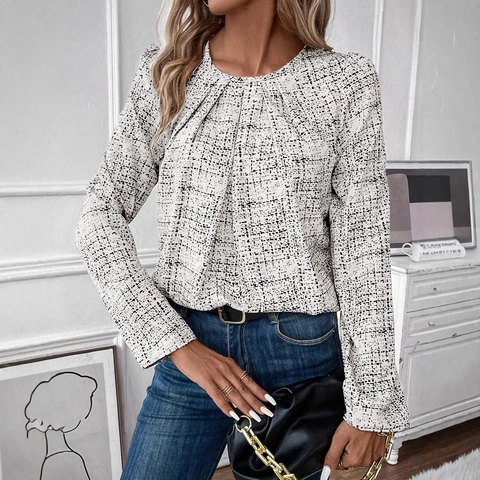 Women Elegant Plaid Long Sleeve Blouse Crew Neck Ruched Pullover Shirt Office Casual Black White Textured Tops