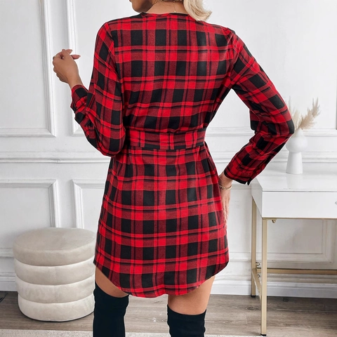 Abito da Donna Vintage a Quadri Rossi e Neri Manica Lunga Scollo a V Con Cintura Vestibilità Aderente Tartan Mini Abito a Camicia per Ufficio Casual Festa