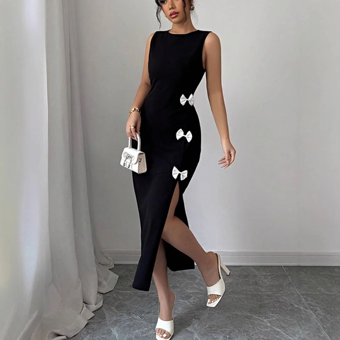 Elegant Sleeveless Bodycon Midi Dress Round Neck Side Slit With Satin Bows Contrast Slim Fit Party Cocktail Dress For Women