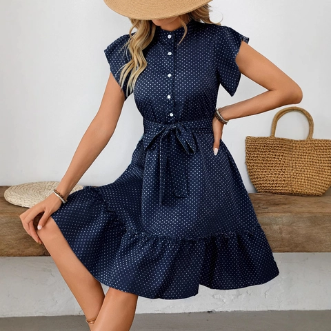 Abito Midi a Trapezio a Pois con Maniche a Volant e Cintura Elegante Girocollo Bottoni Abito Estivo per Vacanze e Feste