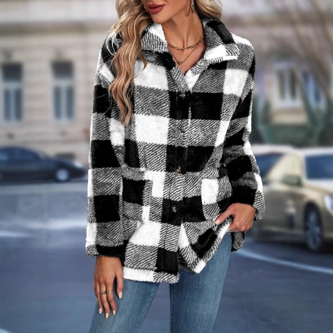 Damen Karierte Plüsch Sherpa Jacke Lässig Revers Knopfleiste Lose Fleece Mantel Mit Taschen Winter Warm Verdickt Oberbekleidung
