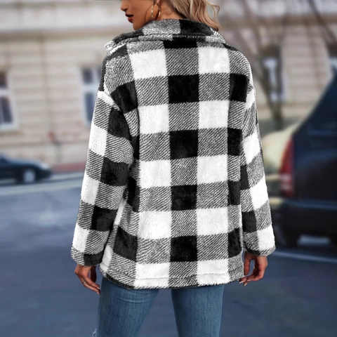 Damen Karierte Plüsch Sherpa Jacke Lässig Revers Knopfleiste Lose Fleece Mantel Mit Taschen Winter Warm Verdickt Oberbekleidung