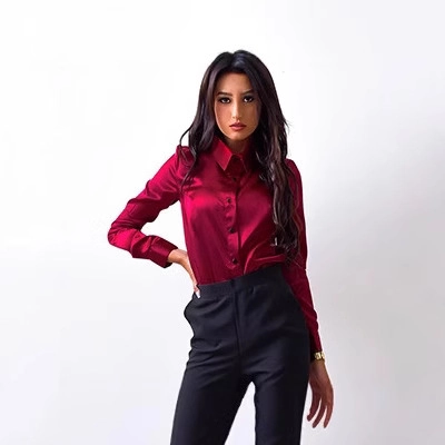 Damen Satin Langarm Bluse Büro Dame Schlanke Passform Revers Knopfleiste Hemd Urban Elegant Einfarbig Pendler Top
