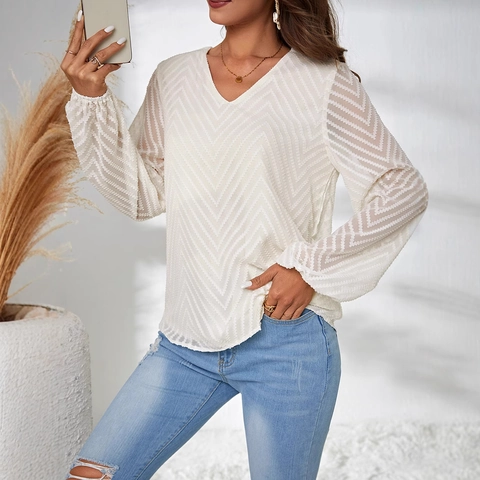 Blusa Mujer Cuello V Manga Linterna Elegante Jacquard Patrón Chevron Top Pullover Suelto Oficina Casual Camisa