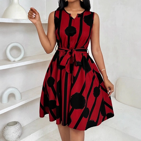 Women Sleeveless V Neck A Line Dress With Belt Polyester Red Black Striped Polka Dot Print Summer Elegant Commuter Fashion