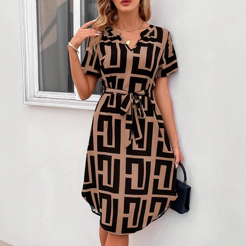 Women Elegant V Neck Short Sleeve Geometric Print Midi Dress With Waist Tie Casual A Line Fashion Commuter Dress For Women