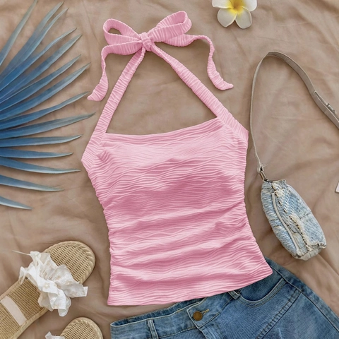 Top da Donna Sexy Rosa Allacciato al Collo Con Fiocco Schiena Scoperta Trama a Onde Slim Fit Canotta Corta per Vacanze