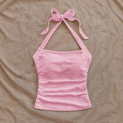 Top da Donna Sexy Rosa Allacciato al Collo Con Fiocco Schiena Scoperta Trama a Onde Slim Fit Canotta Corta per Vacanze