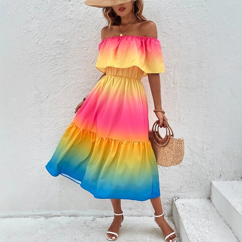 Dames Off-shoulder Regenboogverloop Midi-jurk Sexy Ruffle Geplooid Gelaagde Rok A-lijn Vakantie Strandjurk