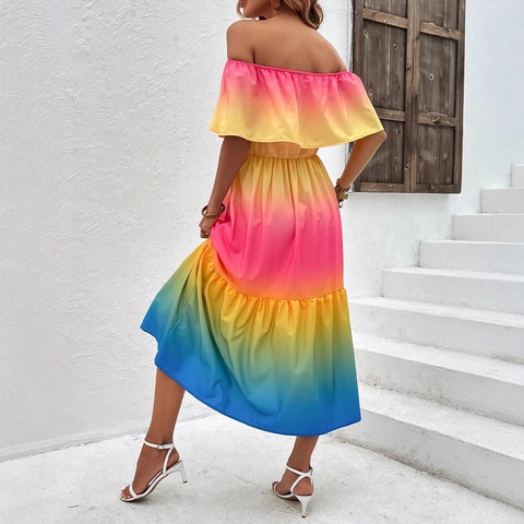 Dames Off-shoulder Regenboogverloop Midi-jurk Sexy Ruffle Geplooid Gelaagde Rok A-lijn Vakantie Strandjurk