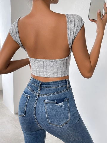 Camiseta de Punto Acanalado Sexy con Espalda al Aire para Mujer Cuello Redondo Slim Manga Corta Crop Top Verano