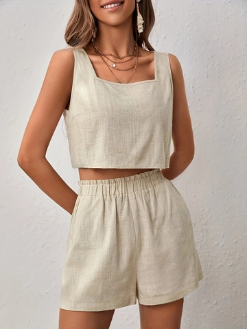 Women Casual Backless Square Neck Tank Top And High Waist Shorts Apricot Solid Color Summer Beach Vacation Outfit