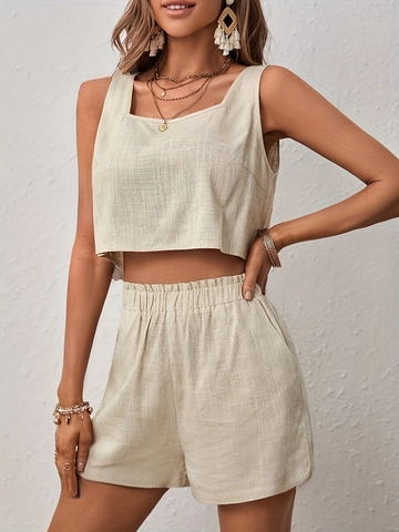 Women Casual Backless Square Neck Tank Top And High Waist Shorts Apricot Solid Color Summer Beach Vacation Outfit