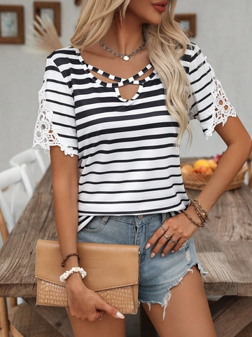 Maglietta da Donna Elegante a Righe Patchwork in Pizzo Scollo a V Incrociato Manica Corta Pullover Estivo Casual Top