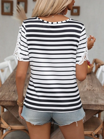 Maglietta da Donna Elegante a Righe Patchwork in Pizzo Scollo a V Incrociato Manica Corta Pullover Estivo Casual Top
