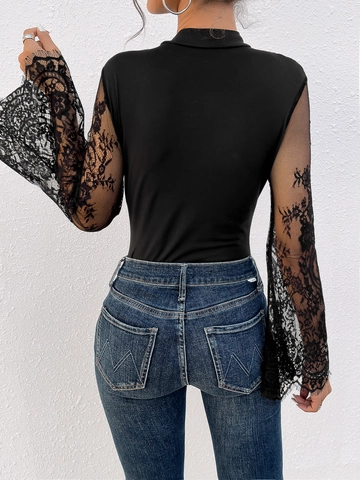 Body Sexy da Donna con Patchwork in Pizzo Top Elegante Floreale in Rete Maniche Lunghe a Campana Collo Semialto