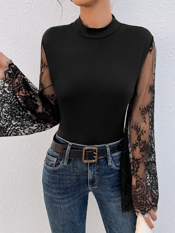 Body Sexy da Donna con Patchwork in Pizzo Top Elegante Floreale in Rete Maniche Lunghe a Campana Collo Semialto
