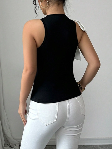 Elegant Sleeveless Slim Fit Top For Women Large Satin Bow Shoulder Contrast Color Summer Party Tank Top Vest Fashion Clothing