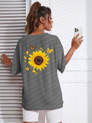 Maglietta Casual da Donna in Misto Cotone Stampa Girasole Farfalla Girocollo Manica Corta Oversized Loose Fit Streetwear