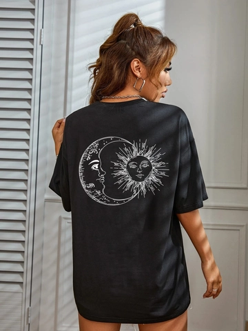 Damen Casual Übergroßes Schwarzes T-Shirt Sonne Mond Kunst Druck Baumwollmischung Rundhals Kurzarm Streetwear Lockeres Top Tee