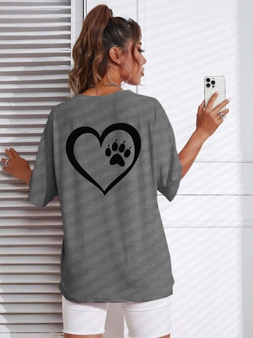 Damen Übergroßes Baumwollmischung T-Shirt Lässig Rundhals Kurzarm Herz Pfote Grafik Streetwear Mode Top