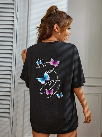 Women Oversized T-Shirt Round Neck Short Sleeve Butterfly Print Synthetic Cotton Blend Streetwear Comfortable Relaxed Summer Top