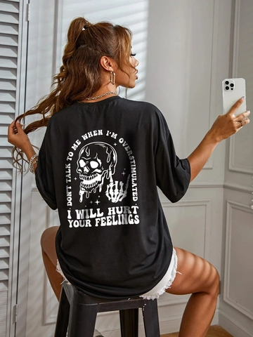 Women's Oversized Black T-Shirt Skeleton Skull Graphic Printed Short Sleeve Crew Neck Streetwear Casual Loose Fit Tee Top