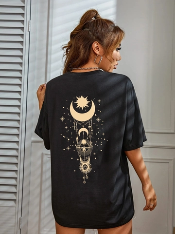 Dames Casual Oversized T-Shirt Met Gouden Hemelse Afdruk Zon Maan Ster Katoenmix Ronde Hals Korte Mouw Streetwear Top
