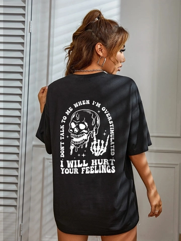 Women's Oversized Black T-Shirt Skeleton Skull Graphic Printed Short Sleeve Crew Neck Streetwear Casual Loose Fit Tee Top