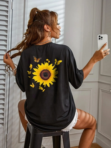 Maglietta Casual da Donna in Misto Cotone Stampa Girasole Farfalla Girocollo Manica Corta Oversized Loose Fit Streetwear