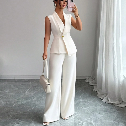 Femme Élégant Gilet Sans Manches Et Pantalon Jambe Large Couleur Unie Navette Bureau Costumes Professionnels Tenue Haut Sans Manches