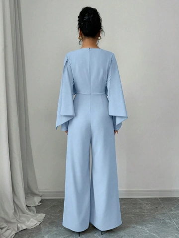 Damen Elegant Cape Ärmel Lang Jumpsuit Einfarbig Rundhals Weites Bein Schlanke Jumpsuit Für Party Büro Dame Kleidung