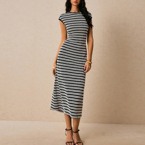 Women's Striped Knitted Midi Dress Elegant Sleeveless Round Neck Slim Fit Bodycon Pencil Dress For Summer Casual Party
