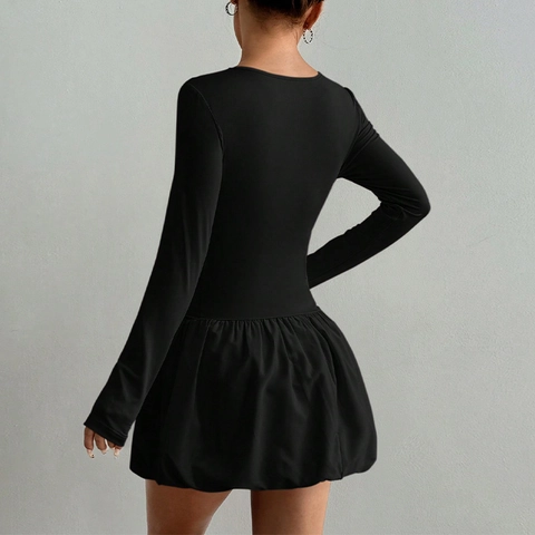 Women's Slim Fit Long Sleeve Bubble Hem Mini Dress Elegant Round Neck Pleated Waist Black Elastic Pullover Party Dress
