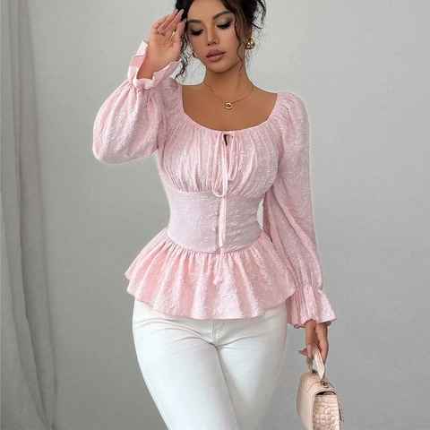 Blusa Elegante Francesa Rosa Jacquard con Volantes para Mujer Cuello Cuadrado con Lazo Botones de Perlas Artificiales Manga Larga de Linterna Top Dulce