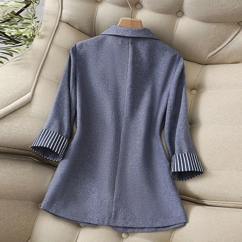 Veste Blazer Décontractée pour Femmes Coupe Cintrée Col à Revers Bouton Unique Manches 3/4 Poignets Rayés Haut de Bureau