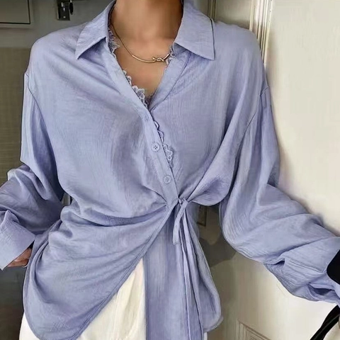 Women Elegant Wrap Blouse Long Sleeve V Neck Shirt With Lace Trim Textured Side Tie Loose Fit Commuter Top Intellectual Style