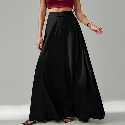 Falda Maxi Elegante de Cintura Alta para Mujer Color Sólido Línea A Falda de Vuelo Moda de Oficina Casual