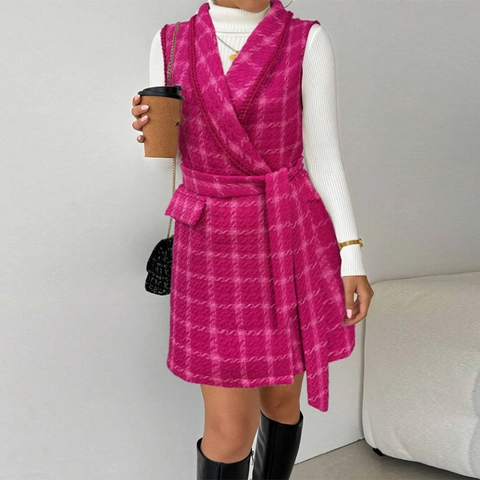Women Plaid Tweed Vest Sleeveless Jacket Lapel Belted Midi Coat Fashion Commuter Waistcoat Polyester Outerwear Rose Red