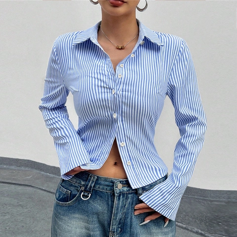 Damen Casual Blau Weiß Gestreift Langarmhemd Slim Fit Polokragen Button Down Bluse Oberteil Für Büro Alltag