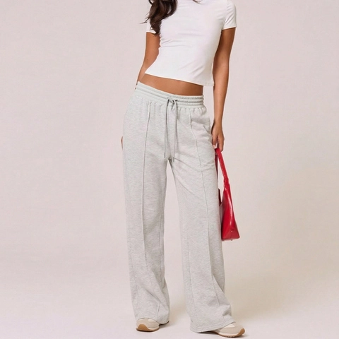 Pantaloni Casual Donna a Vita Alta Gamba Larga Pantaloni Sportivi Larghi Coulisse Cucitura Verticale Grigio Chiaro