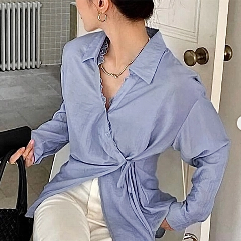 Women Elegant Wrap Blouse Long Sleeve V Neck Shirt With Lace Trim Textured Side Tie Loose Fit Commuter Top Intellectual Style