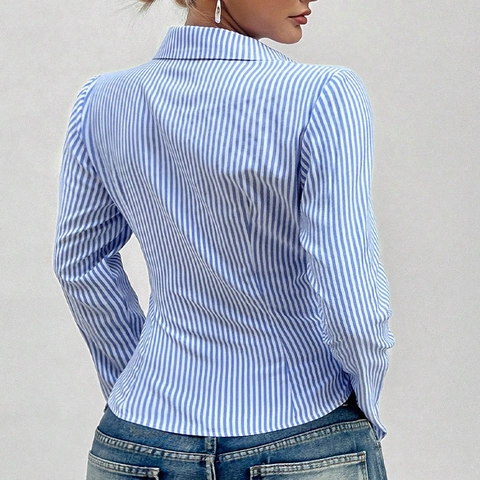 Damen Casual Blau Weiß Gestreift Langarmhemd Slim Fit Polokragen Button Down Bluse Oberteil Für Büro Alltag
