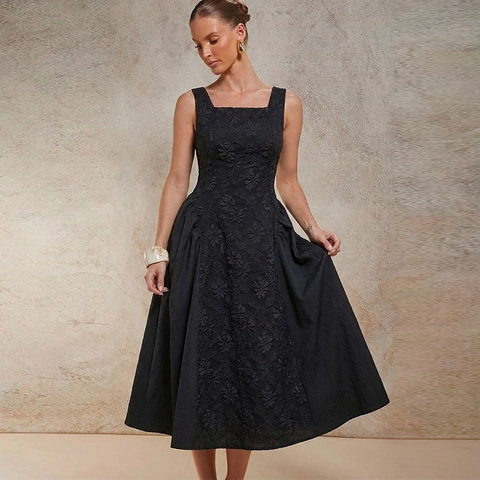 French Elegant Black Midi Dress Sleeveless Square Neck Floral Embossed A-Line Retro Party Women Clothing Dress