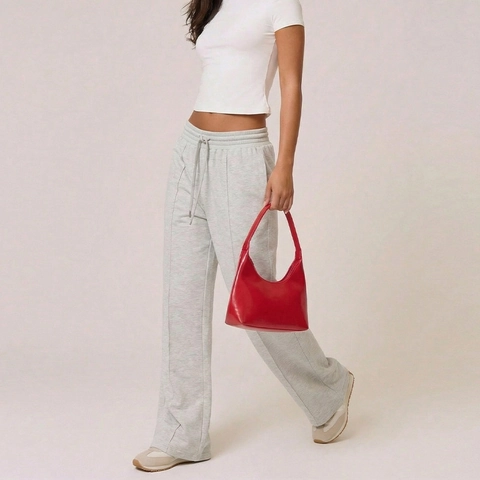 Pantaloni Casual Donna a Vita Alta Gamba Larga Pantaloni Sportivi Larghi Coulisse Cucitura Verticale Grigio Chiaro